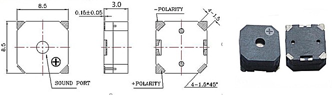 MLT‑1365Y‑5V electromagnetic active buzzer top and bottom views