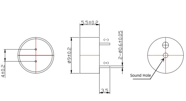 QMB-09B series through-hole passive buzzer front and side views